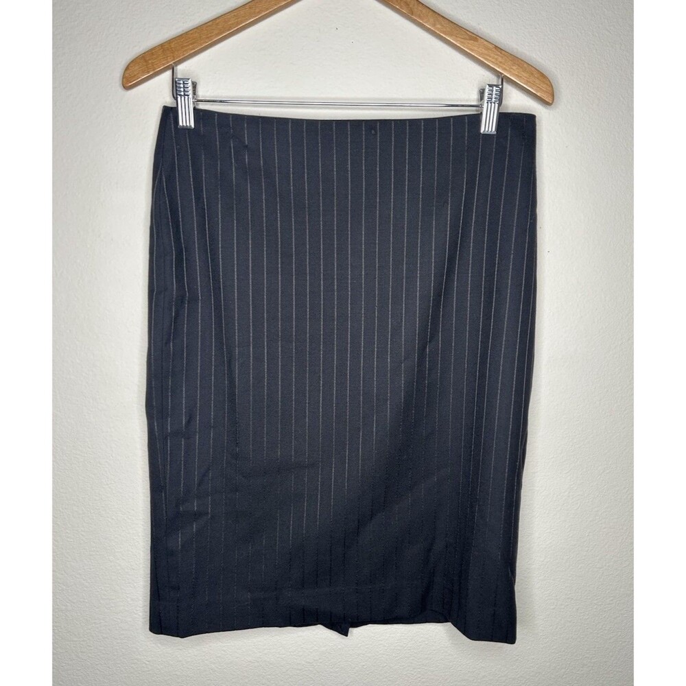 Theory Pencil Zip Skirt Womens 4 Black Straight Pinstriped Back Slit Office